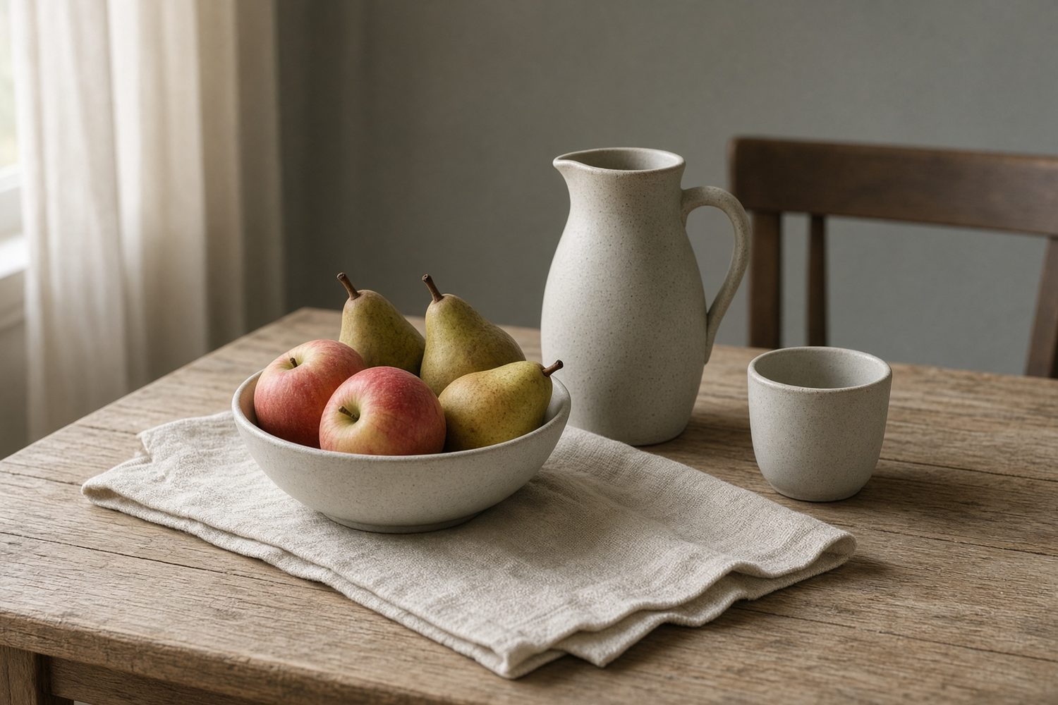 Apples, pears and a ceramic pitcher on a linen cloth.