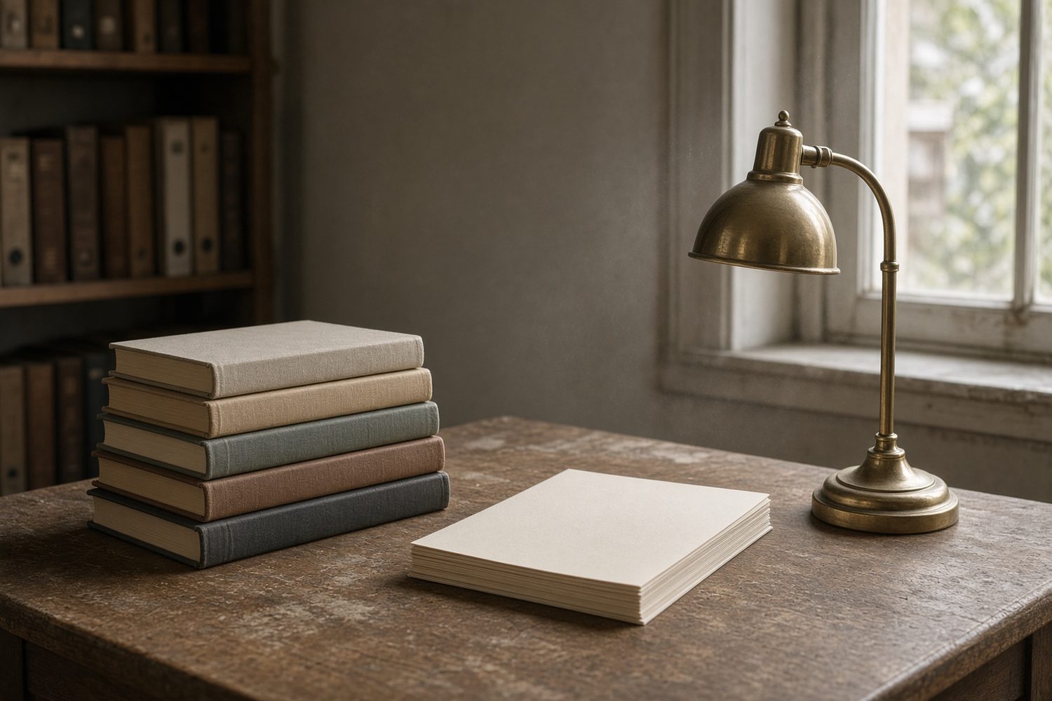 Closed books, blank paper and a lamp on an archive table.